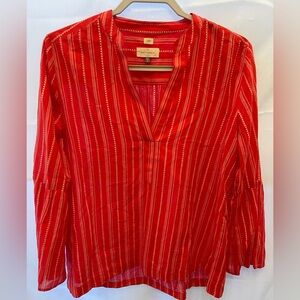 LOFT The Softened Shirt S Red Striped Bell Sleeve Blouse